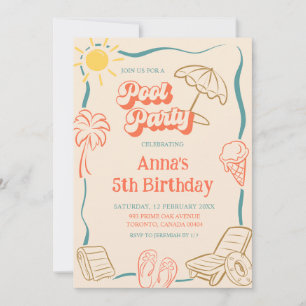 Quirky Summer Theme Pool Party Kids Birthday Invitation