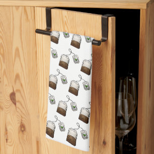Quirky Tea Bag Pattern on White Kitchen Towel