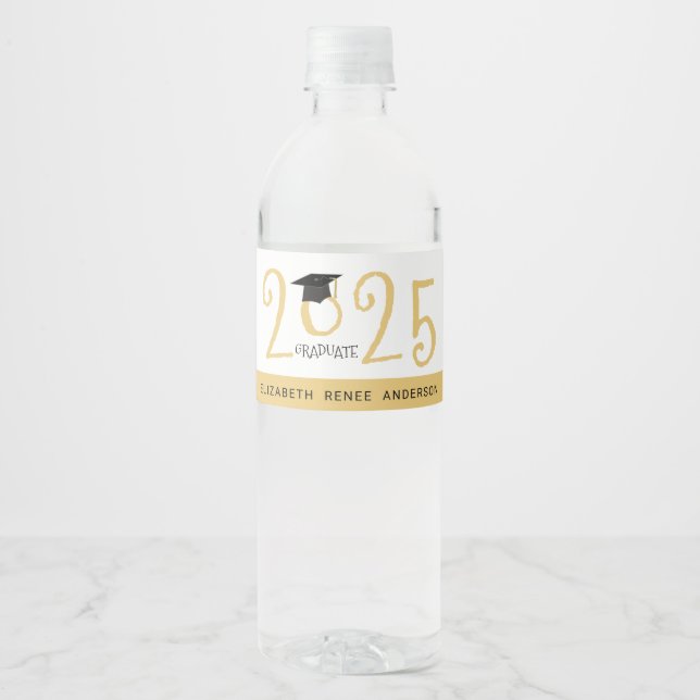 Quirky Text 2023 Graduate in Gold Water Bottle Label (Front)