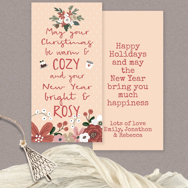 Quirky Text Florals Cozy Christmas Rosy New Year Holiday Card (Front and back view)