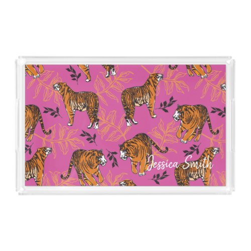 Quirky Tiger Pattern on Bright Pink Acrylic Tray
