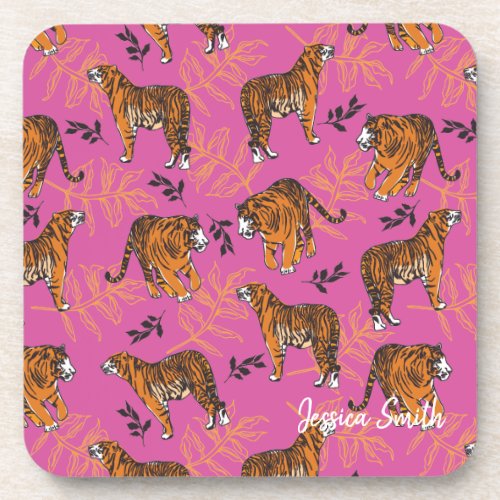 Quirky Tiger Pattern on Bright Pink Beverage Coaster