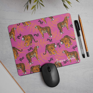 Quirky Tiger Pattern on Bright Pink Mouse Pad