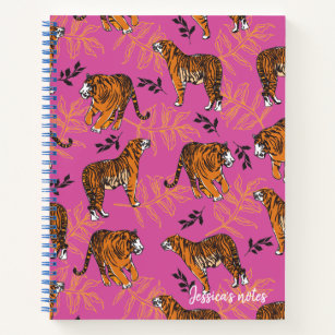Quirky Tiger Pattern on Bright Pink Notebook