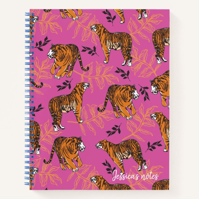 Quirky Tiger Pattern on Bright Pink Notebook (Front)