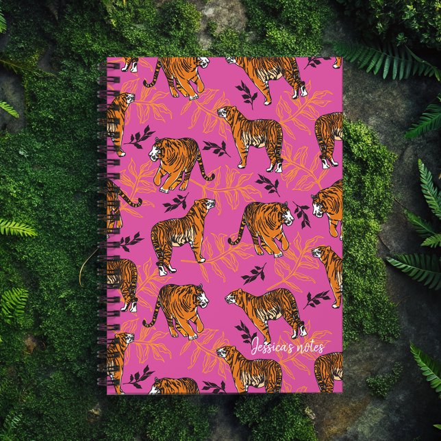 Quirky Tiger Pattern on Bright Pink Planner (Get in touch with your wild side with this awesome tiger journal!)