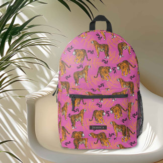 Quirky Tiger Pattern on Bright Pink Printed Backpack