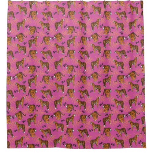 Quirky Tiger Pattern on Bright Pink Shower Curtain