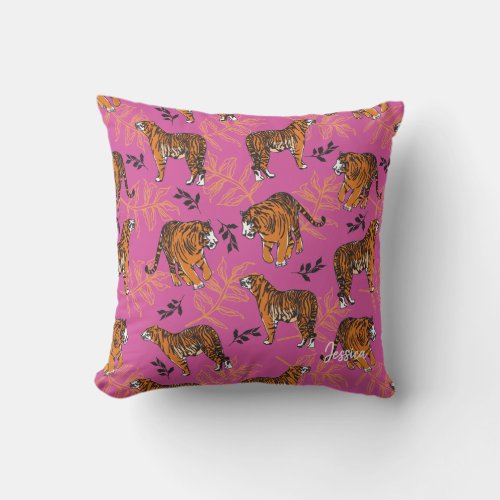 Quirky Tiger Pattern on Bright Pink Throw Pillow