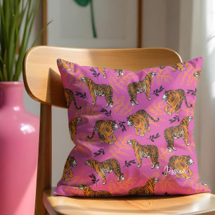 Quirky Tiger Pattern on Bright Pink Throw Pillow