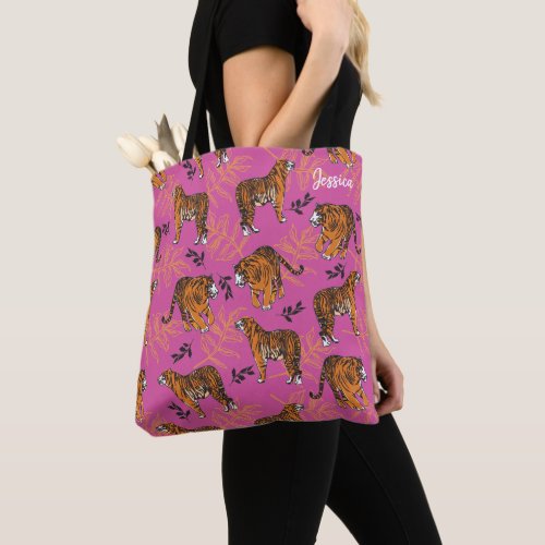 Quirky Tiger Pattern on Bright Pink Tote Bag