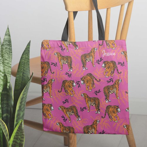 Quirky Tiger Pattern on Bright Pink Tote Bag