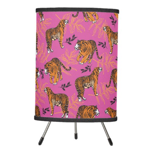 Quirky Tiger Pattern on Bright Pink Tripod Lamp