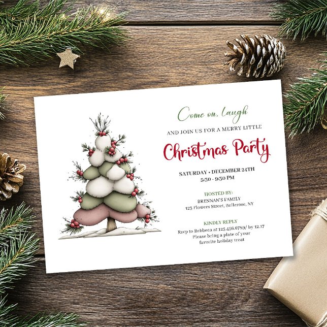 Quirky tree red green holiday party printable card (Quirky tree red green holiday party printable card)
