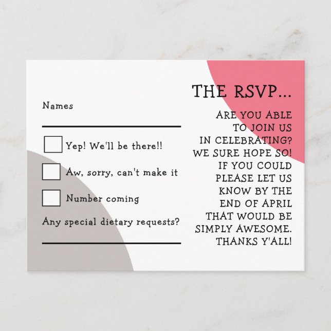 Quirky Typography Rose Pink Gray Wedding RSVP Postcard (Front)