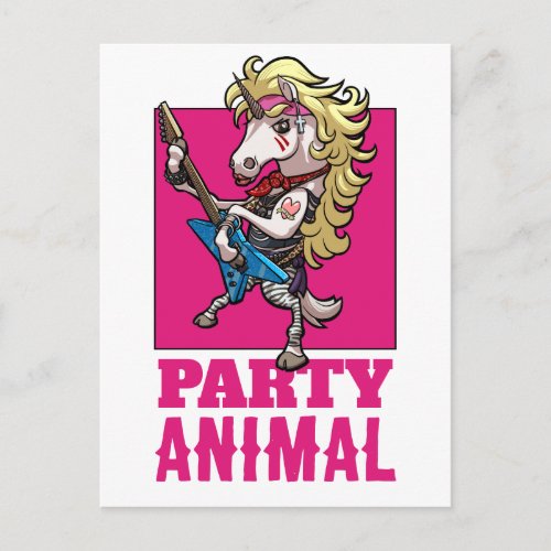 Quirky Unicorn 80s Glam Metal Party Animal Cartoon Postcard