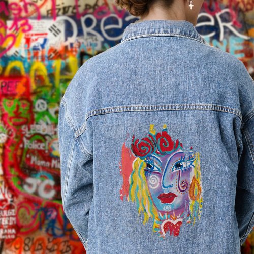 Quirky Unique Face Mexican Folk Art Inspired Cool  Denim Jacket
