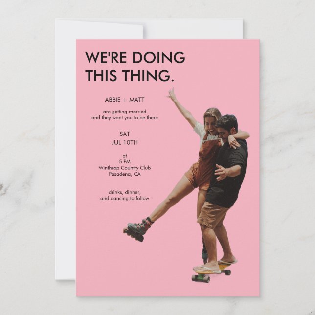 Quirky Unique Modern Minimalist Pink Photo Wedding Invitation (Front)