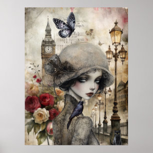 Quirky Victorian Gothic Girl & Florals London Poster