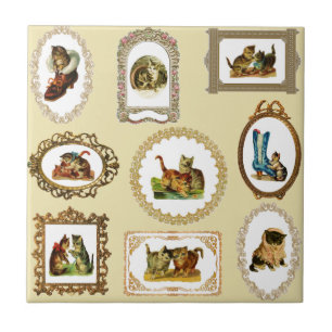 Quirky Vintage Framed Cats Pattern Ceramic Tile
