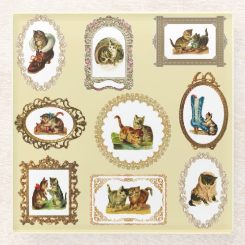 Quirky Vintage Framed Cats Pattern Glass Coaster