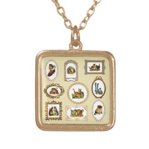 Quirky Vintage Framed Cats Pattern Gold Plated Necklace