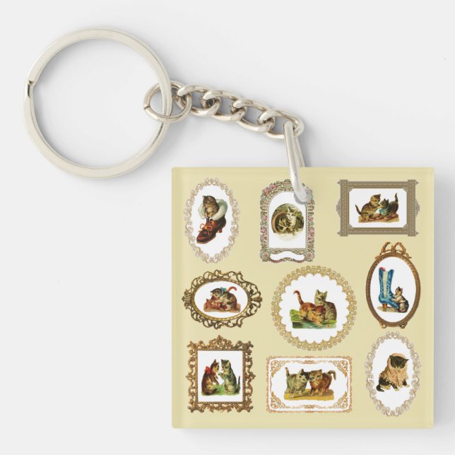 Quirky Vintage Framed Cats Pattern Keychain (Front)