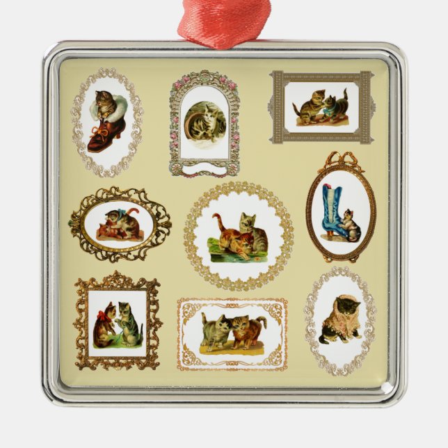 Quirky Vintage Framed Cats Pattern Metal Ornament (Front)