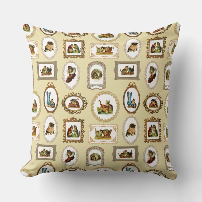 Quirky Vintage Framed Cats Pattern Throw Pillow (Front)