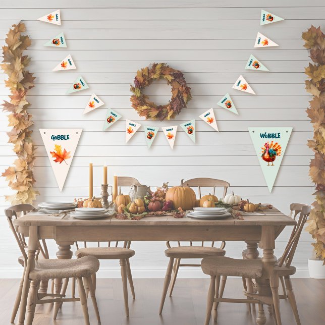 Quirky Watercolor Turkey Thanksgiving Bunting Flags (
Gobble til you Wobble, quirky, watercolor turkey bunting for party decor)