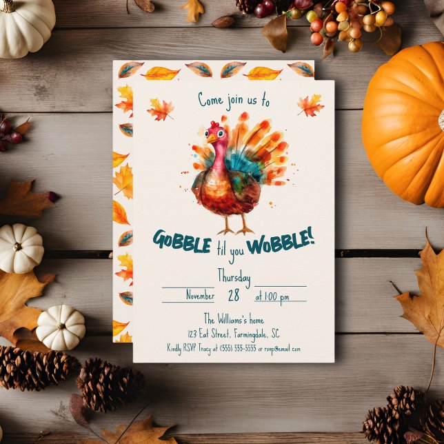 Quirky Watercolor Turkey Thanksgiving Invitation (Gobble til you Wobble Thanksgiving invitation)