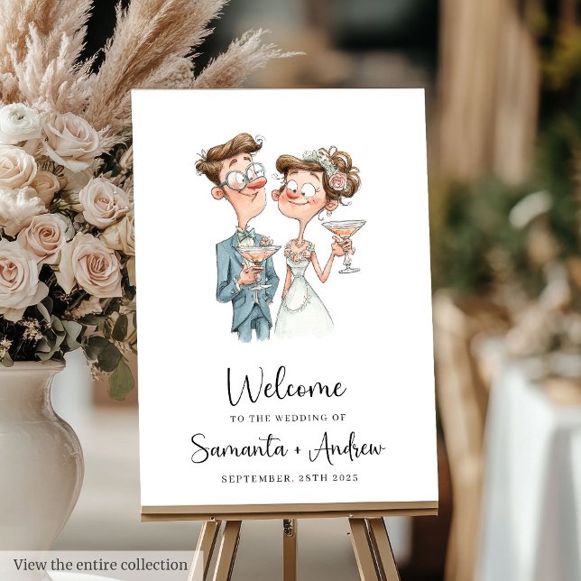 Quirky Watercolor Wedding Welcome Sign Cartoon  (Quirky Watercolor Wedding Welcome Sign Cartoon Poster)