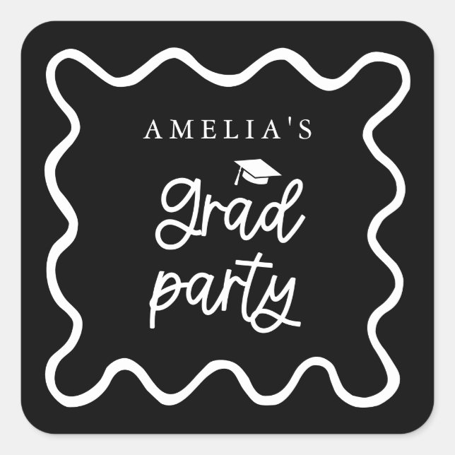 Quirky Wavy Line Black Grad Party Favor Square Sticker (Front)