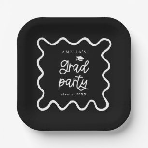 Quirky Wavy Line Black Grad Party Paper Plates