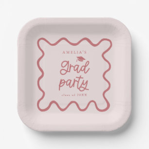 Quirky Wavy Line Blush Pink Grad Party Paper Plates