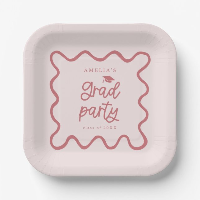 Quirky Wavy Line Blush Pink Grad Party Paper Plates (Front)