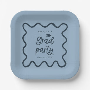 Quirky Wavy Line Navy Grad Party Paper Plates