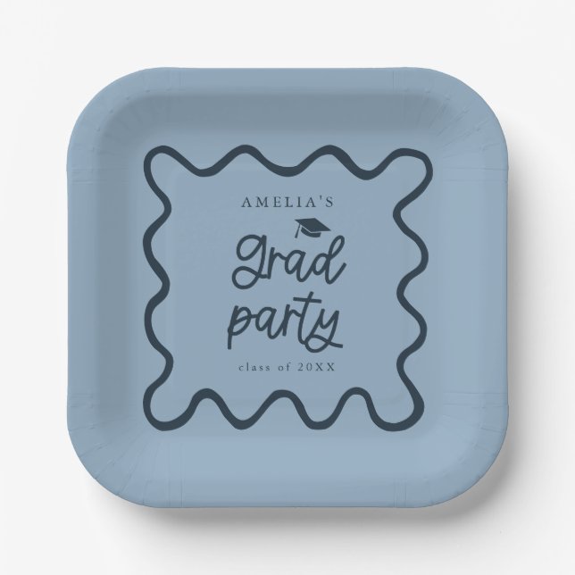 Quirky Wavy Line Navy Grad Party Paper Plates (Front)
