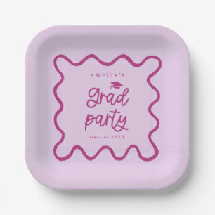 Quirky Wavy Line Pink Grad Party Paper Plates