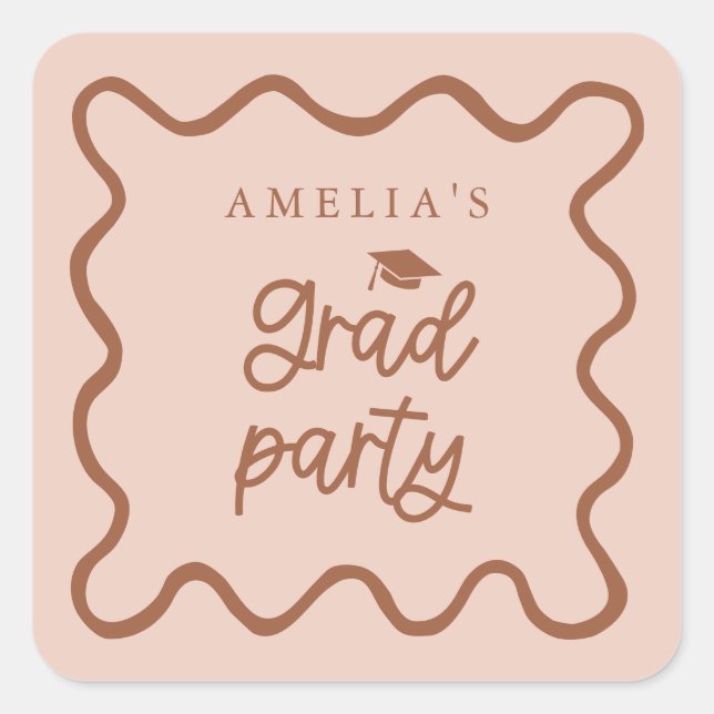 Quirky Wavy Line Terracotta Grad Party Favor Square Sticker (Front)