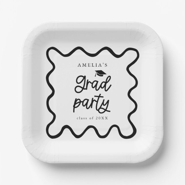 Quirky Wavy Line White Grad Party Paper Plates (Front)
