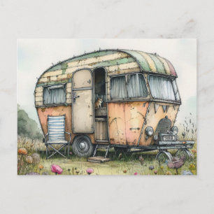 Quirky Weathered Caravan Camper Watercolor Style Postcard
