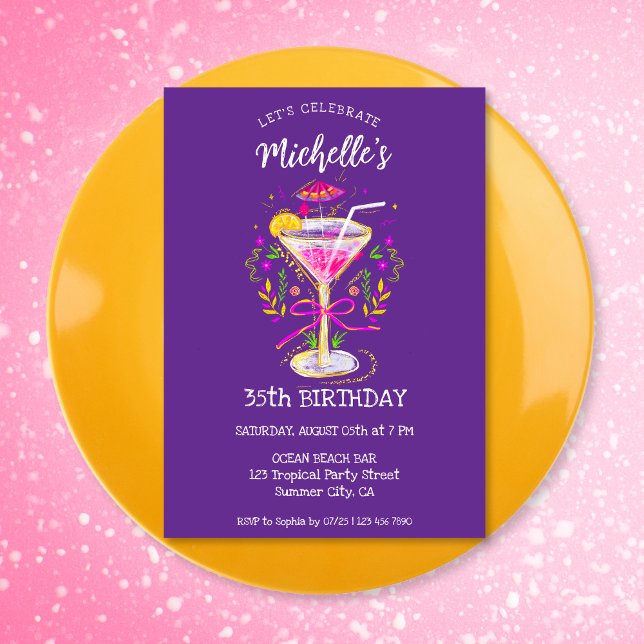 Quirky Whimsical Adult Cocktail Birthday Party Invitation (whimsical colorful glitter cocktail birthday party invitation)