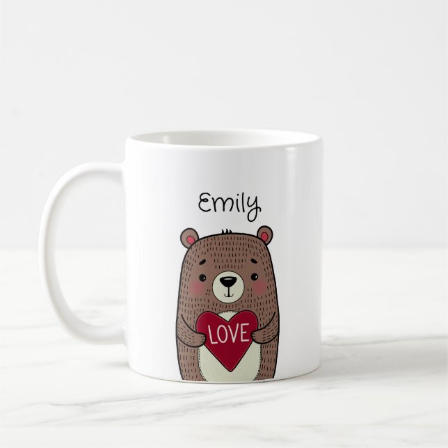 Quirky, Whimsical Bear With Heart Drawing Coffee Mug (Left)