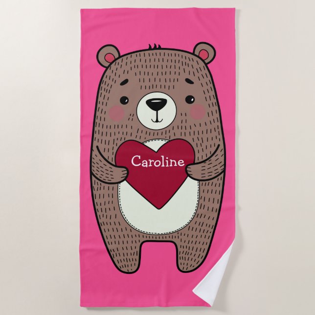Quirky, Whimsical Bear With Heart Drawing Custom Beach Towel (Front)