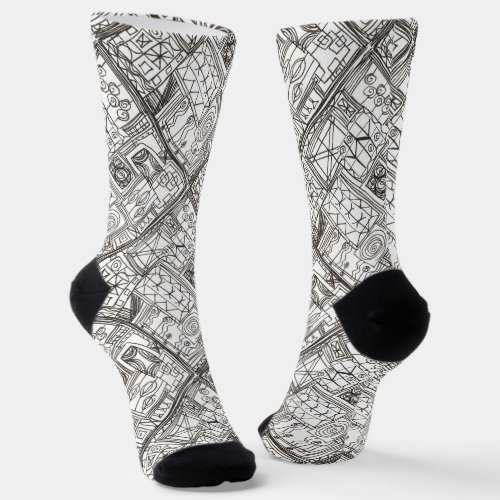 Quirky_Whimsical Black and White Geometric Pattern Socks