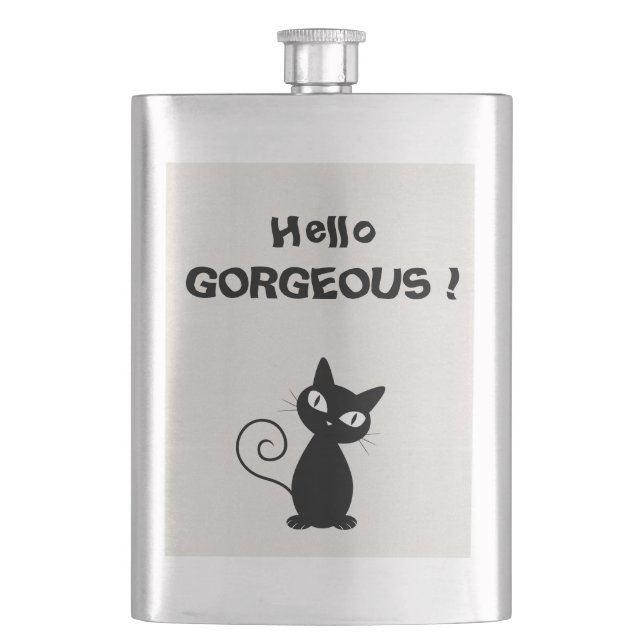 Quirky Whimsical Black Cat Glittery-Hello Gorgeous Flask (Front)