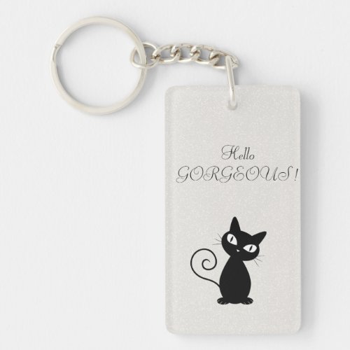 Quirky Whimsical Black Cat Glittery_Hello Gorgeous Keychain