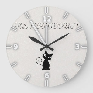 Quirky Whimsical Black Cat Glittery-Hello Gorgeous Large Clock