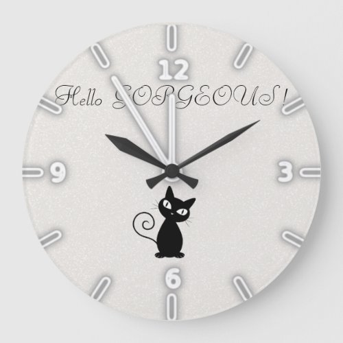 Quirky Whimsical Black Cat Glittery_Hello Gorgeous Large Clock